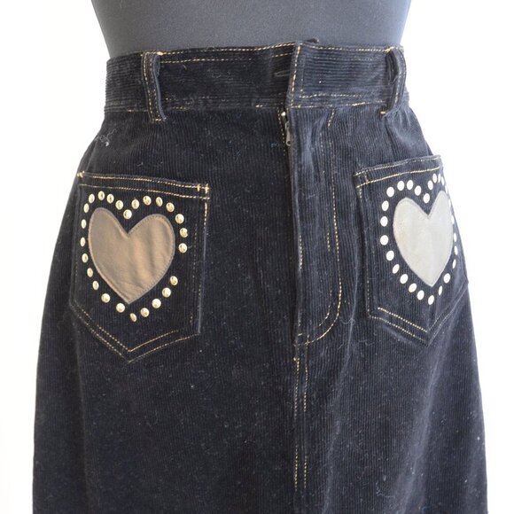 Y2K Black Corduroy Heart Patch Midi Skirt Sz 2 - Picture 5 of 6